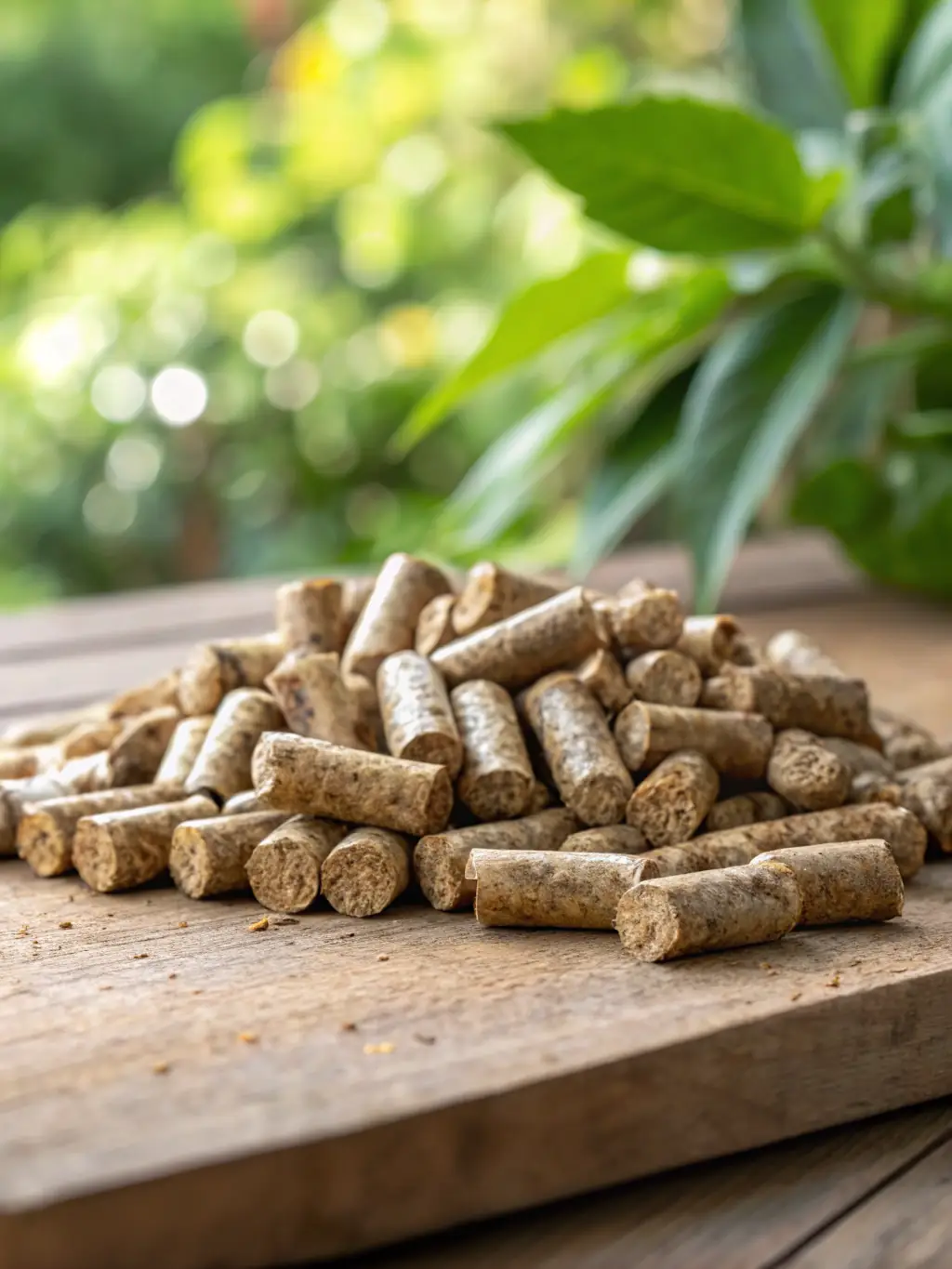A close-up shot of Green River's biomass wood pellets, showcasing their uniform size and clean appearance, with a focus on the natural wood grain.