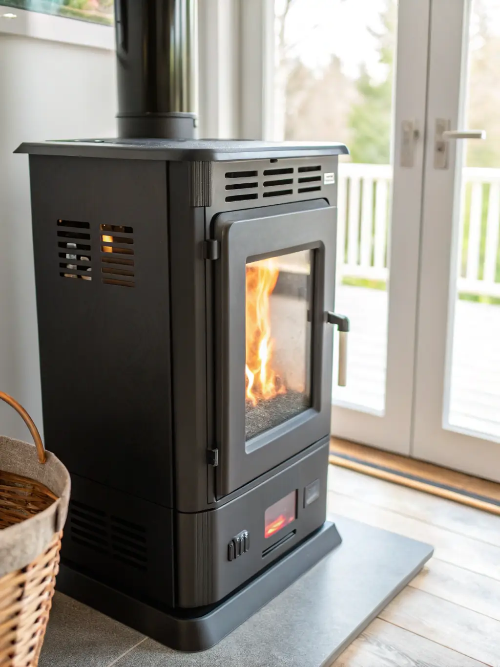 A cozy home interior featuring a modern pellet stove efficiently heating the space, highlighting the convenience and warmth of biomass heating for residential use.