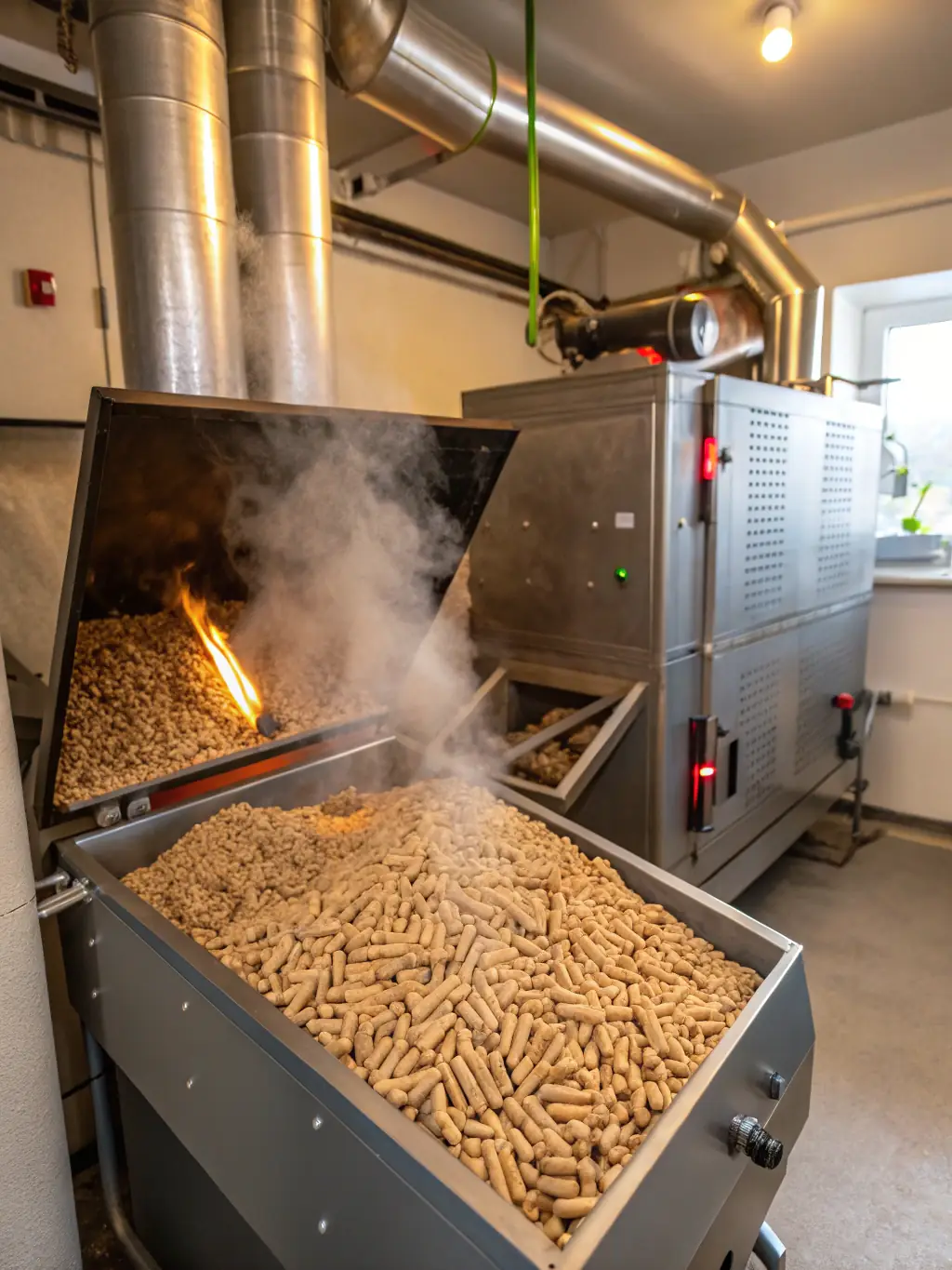 A close-up shot of biomass wood pellets being fed into an automated heating system in a commercial building, illustrating the ease of use and efficiency in larger applications.