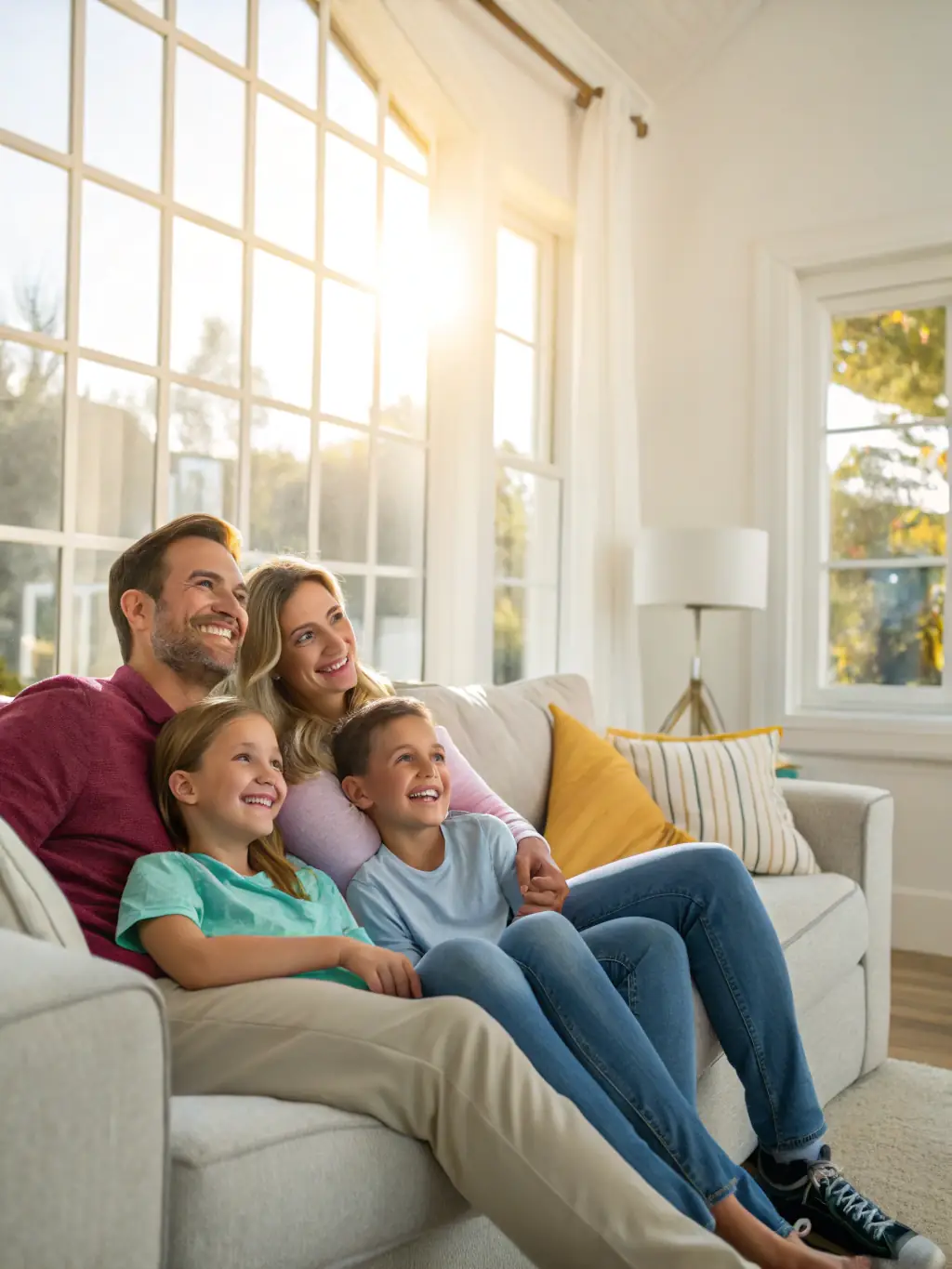 A family using Green River's biomass wood pellets to heat their home in an eco-friendly way, with a focus on warmth and sustainability.