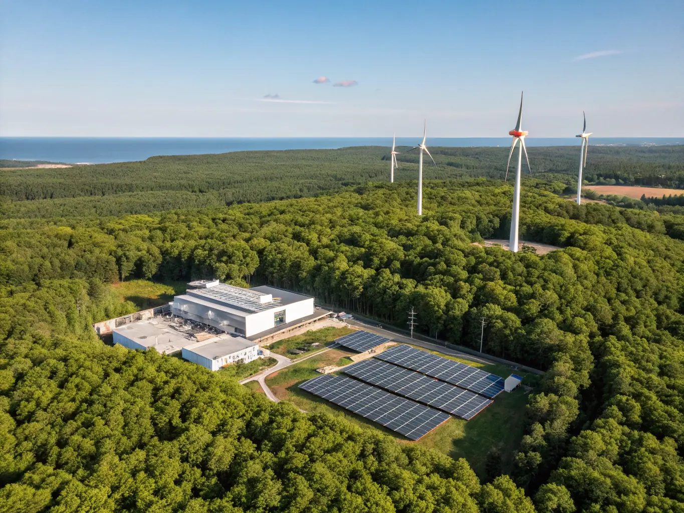 A wide shot of a modern industrial power plant efficiently running on biomass wood pellets, showcasing reduced emissions and sustainable energy production.