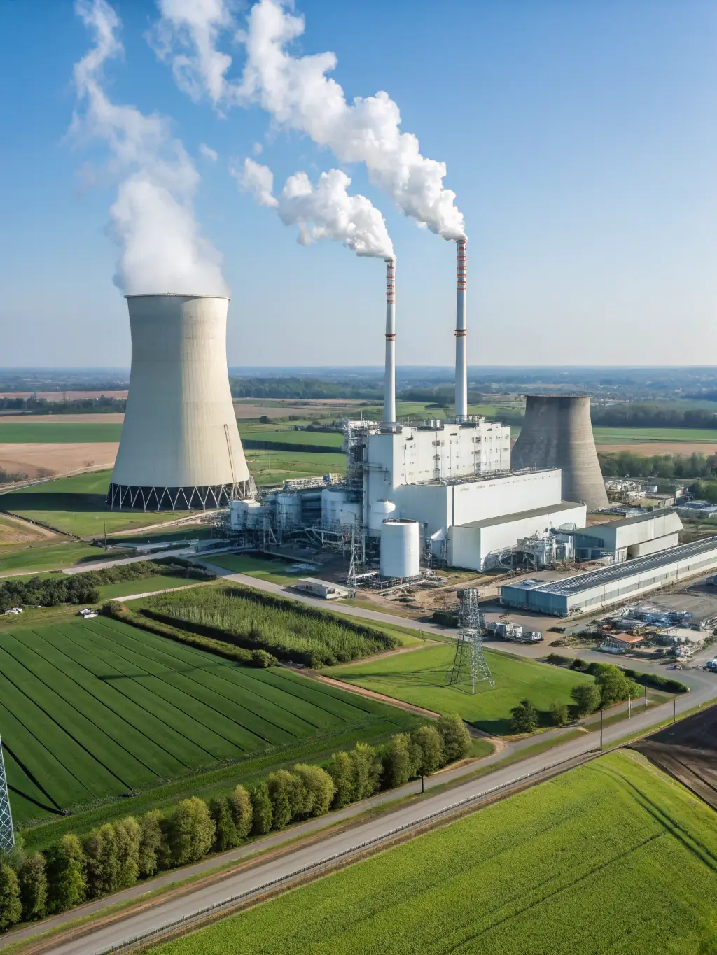 A wide shot of a large-scale industrial power plant efficiently running on biomass wood pellets, showcasing reduced emissions and sustainable energy production.