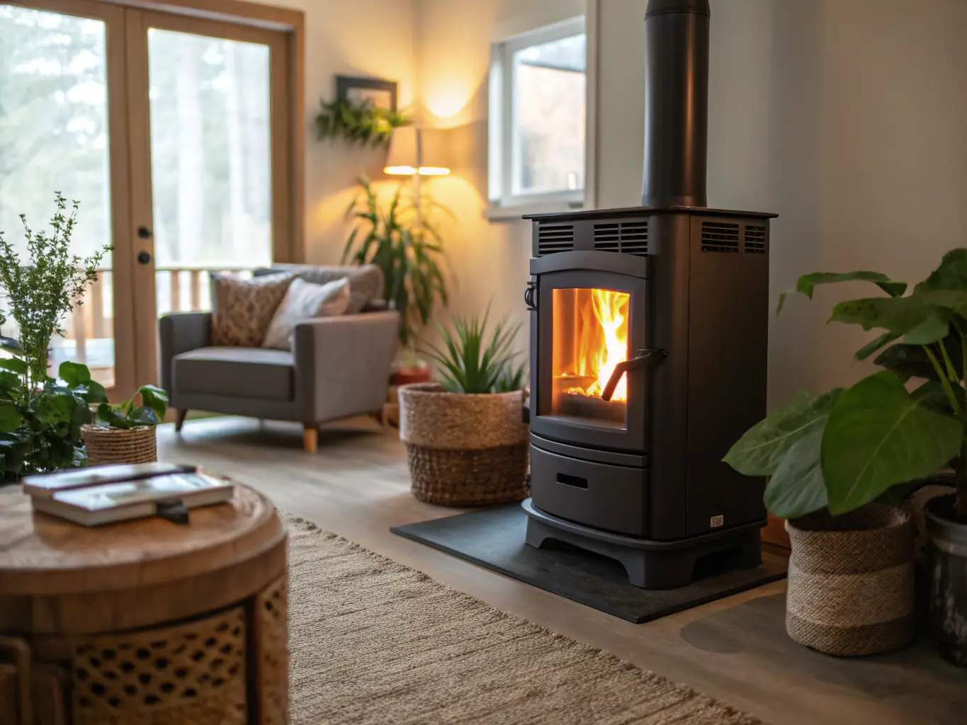 A cozy living room scene with a modern pellet stove efficiently heating the space, highlighting the comfort and sustainability of using biomass pellets at home.