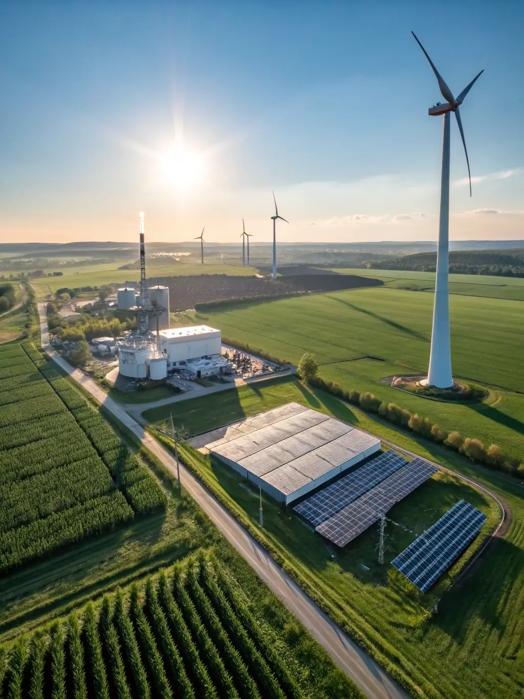 A wide shot of a modern industrial power plant efficiently running on Green River's biomass wood pellets, emitting minimal smoke.