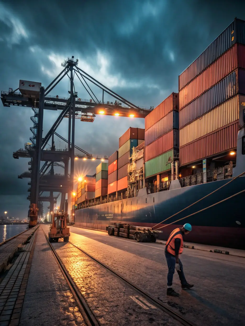 A bustling port scene with biomass wood pellets being loaded onto a cargo ship, destined for global markets, emphasizing the ease of transport and global reach.