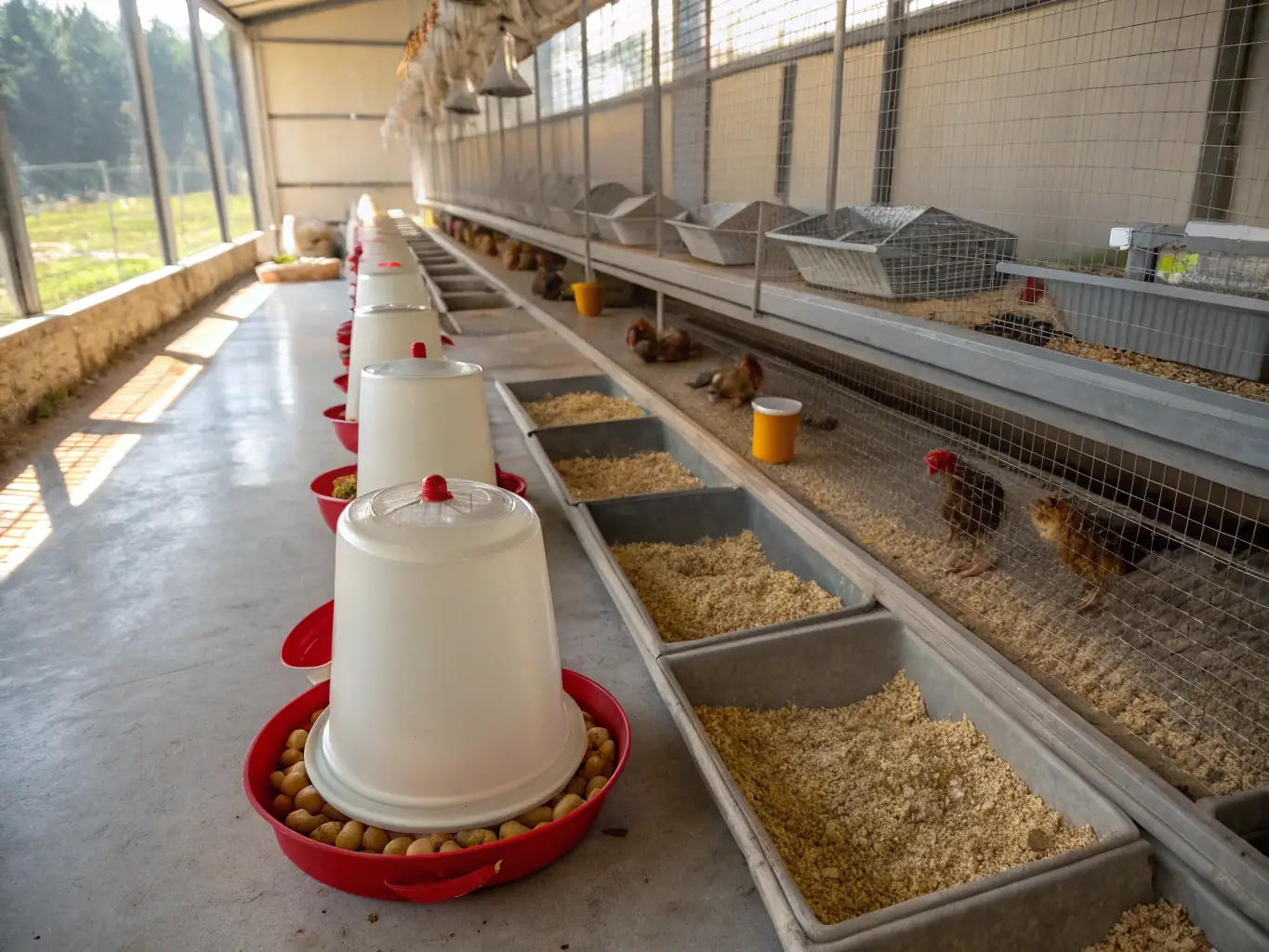A poultry house with chickens pecking at the ground, showcasing the use of bedding pellets for maintaining a dry and sanitary environment.